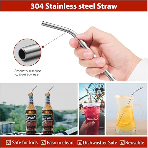 Miniatura 4 de 8 popotes de acero inoxidable doblados de 14 de pulgada (0.236 in) de ancho para vaso de 40 onzas con asa, popotes de metal reutilizables de 12