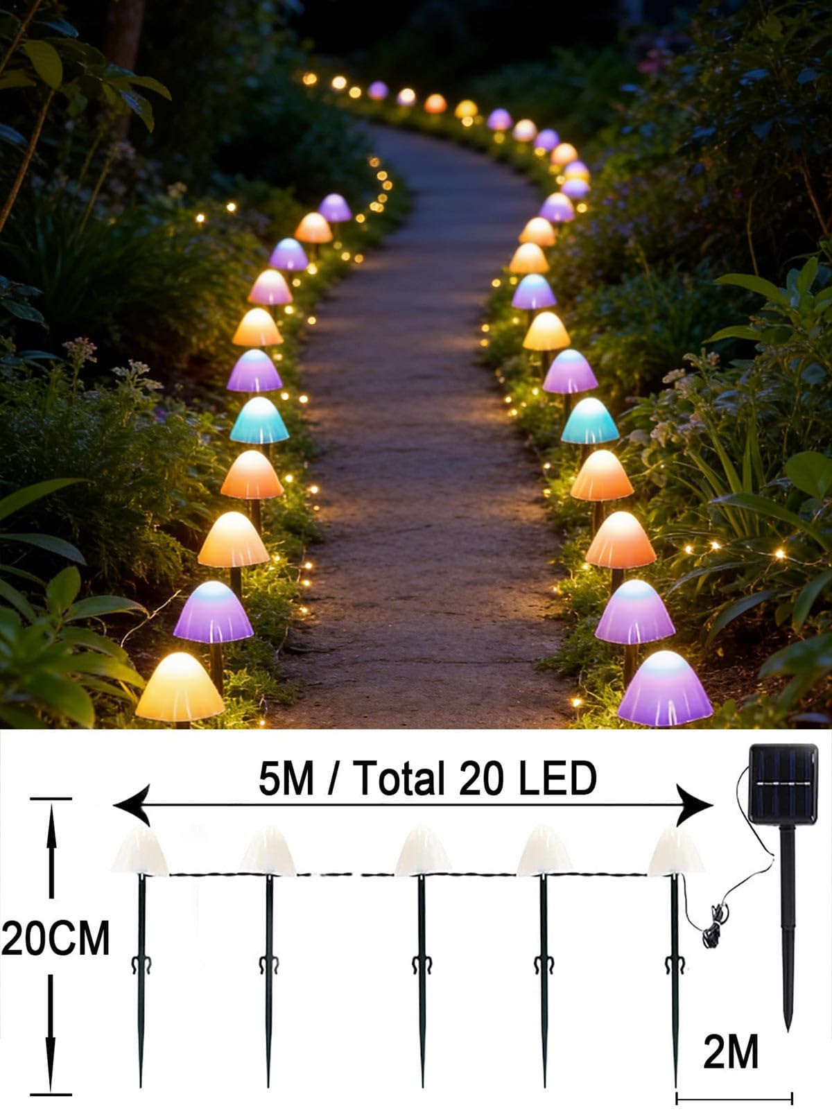 Set Di 8 Luci Solari A Fungo Per Giardino Con 8 Modalità - Decorazione Da Esterno IP65 Impermeabile, Ornamenti Per Prato E Aiuole - Colore Rosso - 2