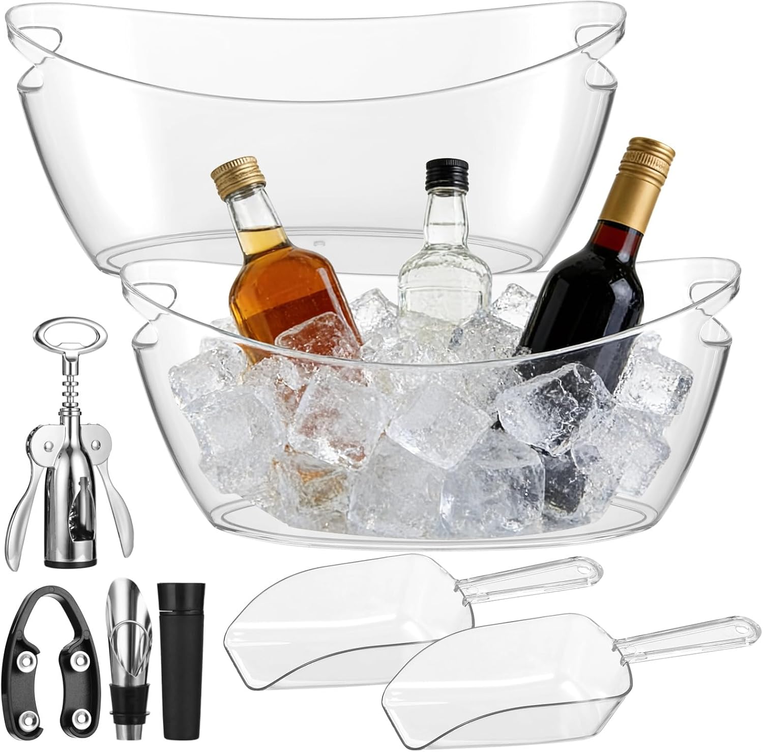 5.5L 2-Pack Ice Bucket Beverage Tub Set with Shovels, 186 Fl Oz Capacity, Clear Plastic Boat Design with Handles, for Home, Parties