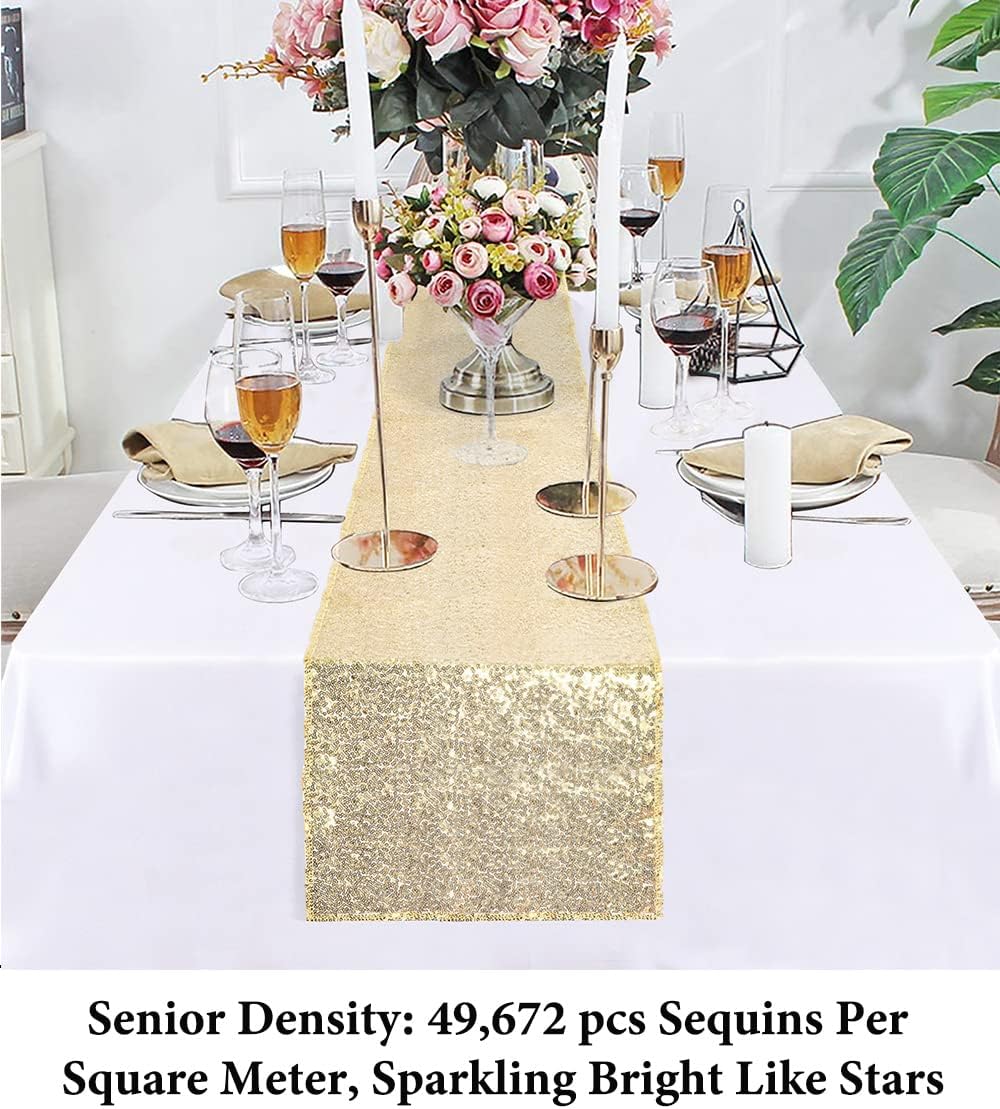 DUOBAO 5 Pack 12x120-Inch Champagne Gold Sequin Table Runners - Glitter Event Decor for Weddings, Parties, and Special Occasions