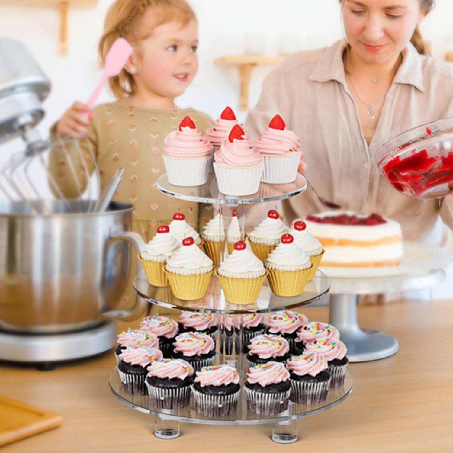 3 Tier Cupcake Stand, 4mm Thick Heavy Duty Acrylic Dessert Table Display Trays, 10" 8" 6" Round Cupcake Holder Decorative Bakery Tower for Wedding, Party, Baby Shower, Event