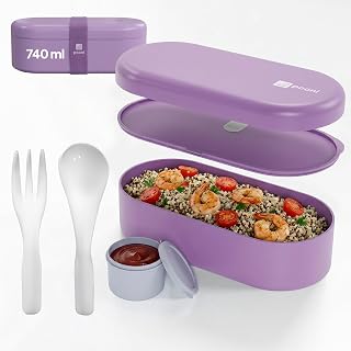 Bento Box for Adults 25 fl oz - Lunch Box with 1 Compartment, Lunch Box with Cutlery and Sauce Container, Leakproof, Microwave and Dishwasher Safe, BPA Free (Soft Purple)