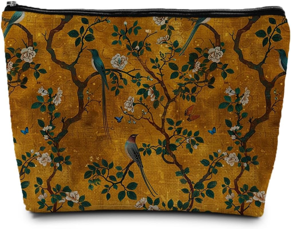 Golden Chinoiserie Floral Bird Makeup Cosmetic Bag for Women, Vintage Yellow Gold Flower Botanical Aesthetic Portable Travel Toiletry Bag Zipper Makeup Pouch
