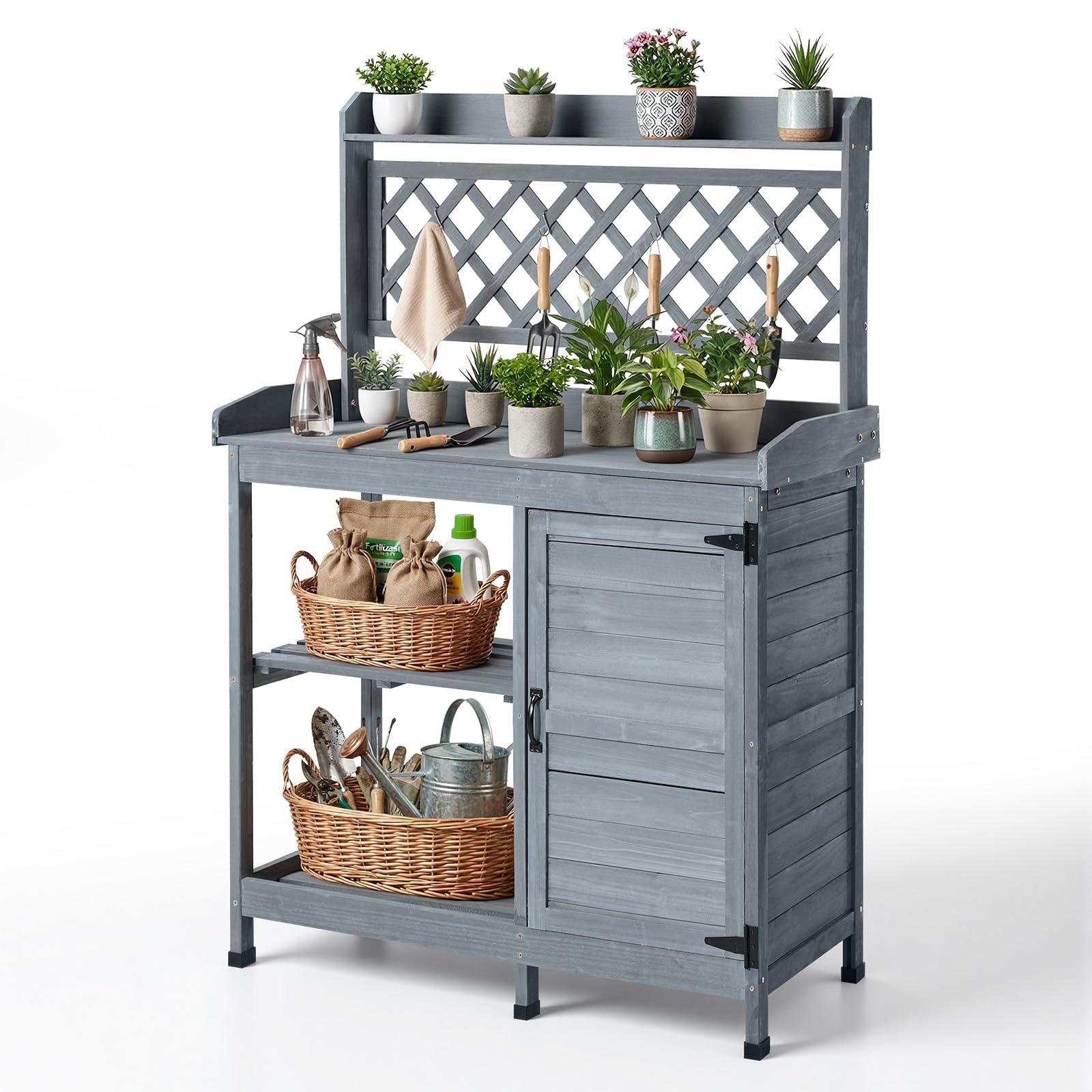VEVOR Pflanztisch, Gärtnertisch Gartenarbeitstisch mit Unterschrank, Ablagefächern & Holzplatte, Gartenschrank, Blumentisch, Umtopftisch ideal für Terrasse, Garten & Balkon, Grau, 1100x460x1470 mm
