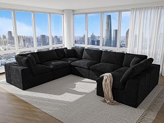 149” Oversized Cloud Couch 丨 Modular Sectional Couches for Living Room 丨 Corner Boneless Couch with Nice Back Support 7 Seater Black Chenille - Amazon product rated Grade A