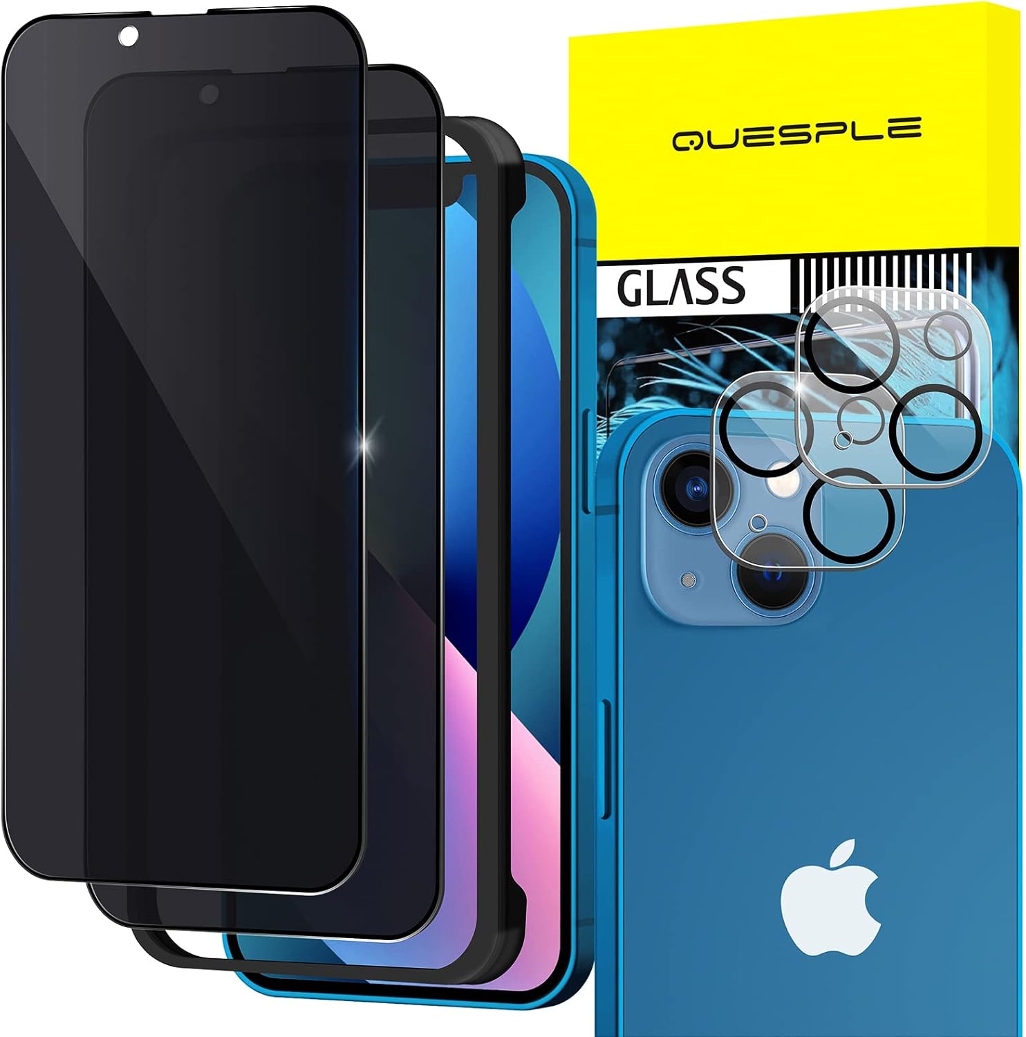 QUESPLE 2 Pack Privacy Screen Protector for iPhone 13 [6.1 Inch] + 2 Pack Camera