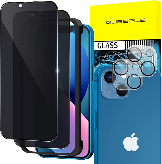 QUESPLE [2+2 Pack] Privacy Screen Protector for iPhone 13 6.1-Inch with Camera Lens Protector, (Privacy Glass) Anti-Spy Tempered Glass Film with Install Tool [Anti-Scratch]