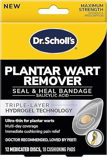 Dr. Scholl's Eliminador de verrugas Plantar Hydrogel vendaje 12 discos 10 cojines, amortiguación inmediata alivio del dolor, ultrafino, máxima