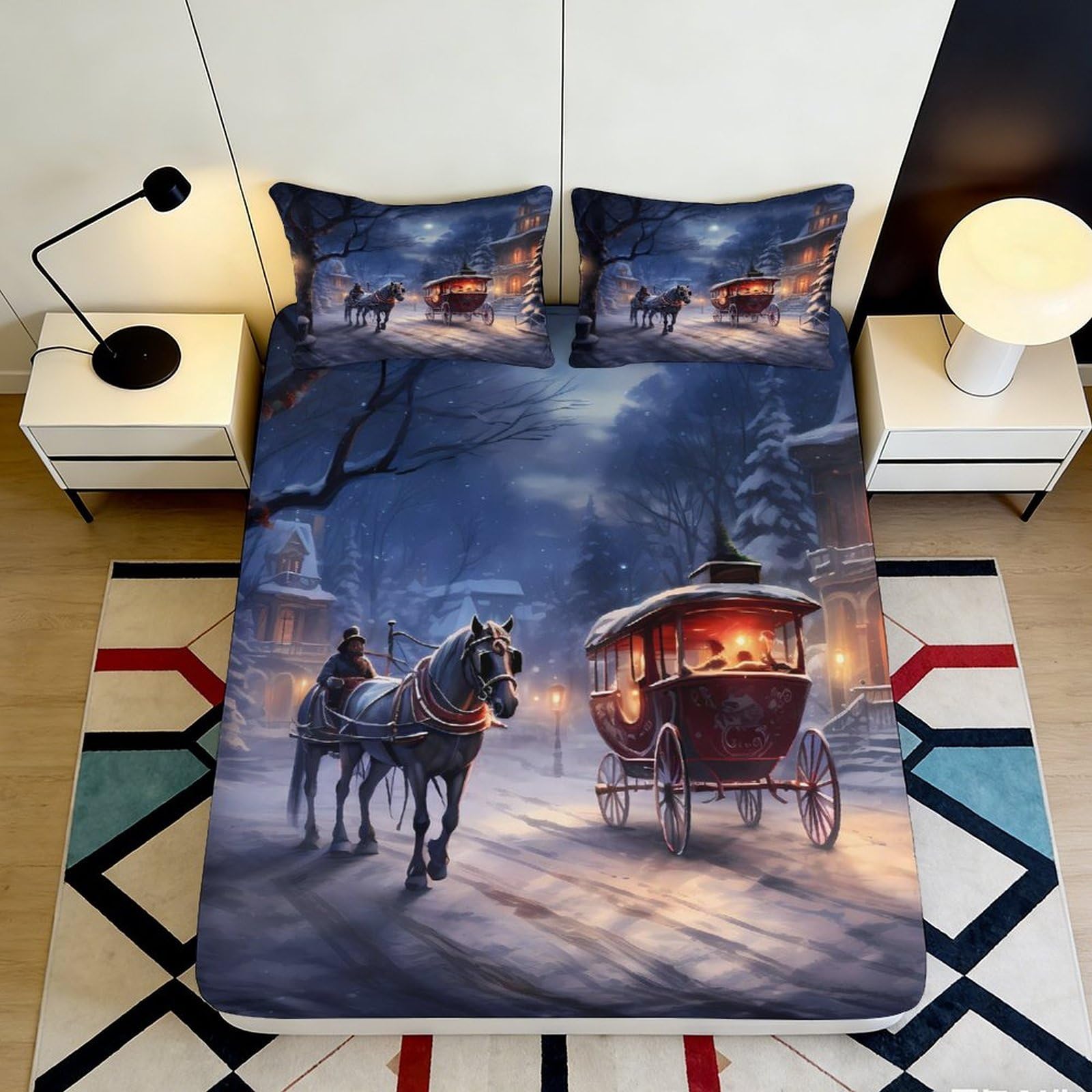 3D Printed Winter Carriage Fitted Sheet Microfiber Soft Horse Scene Bed Cover for Bedroom Guest Room Decor 90x200x25cm