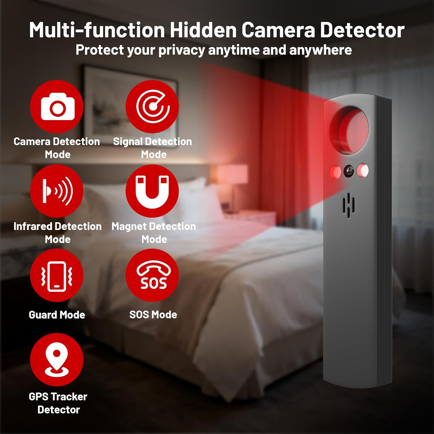 Hidden Camera Detector 6-in-1 Spy Camera Finder GPS Tracker & Bug Detector RF Signal Scanner Portable Privacy Protector Hidden Device Detector for Hotels/Travel/Car/Office (Black)