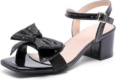 DADAWEN Womens Bow Heels Sandals Chunky Low Heels Open Square Toe Dressy Shoes Ankle Buckle Strap Sandals for Party Wedding