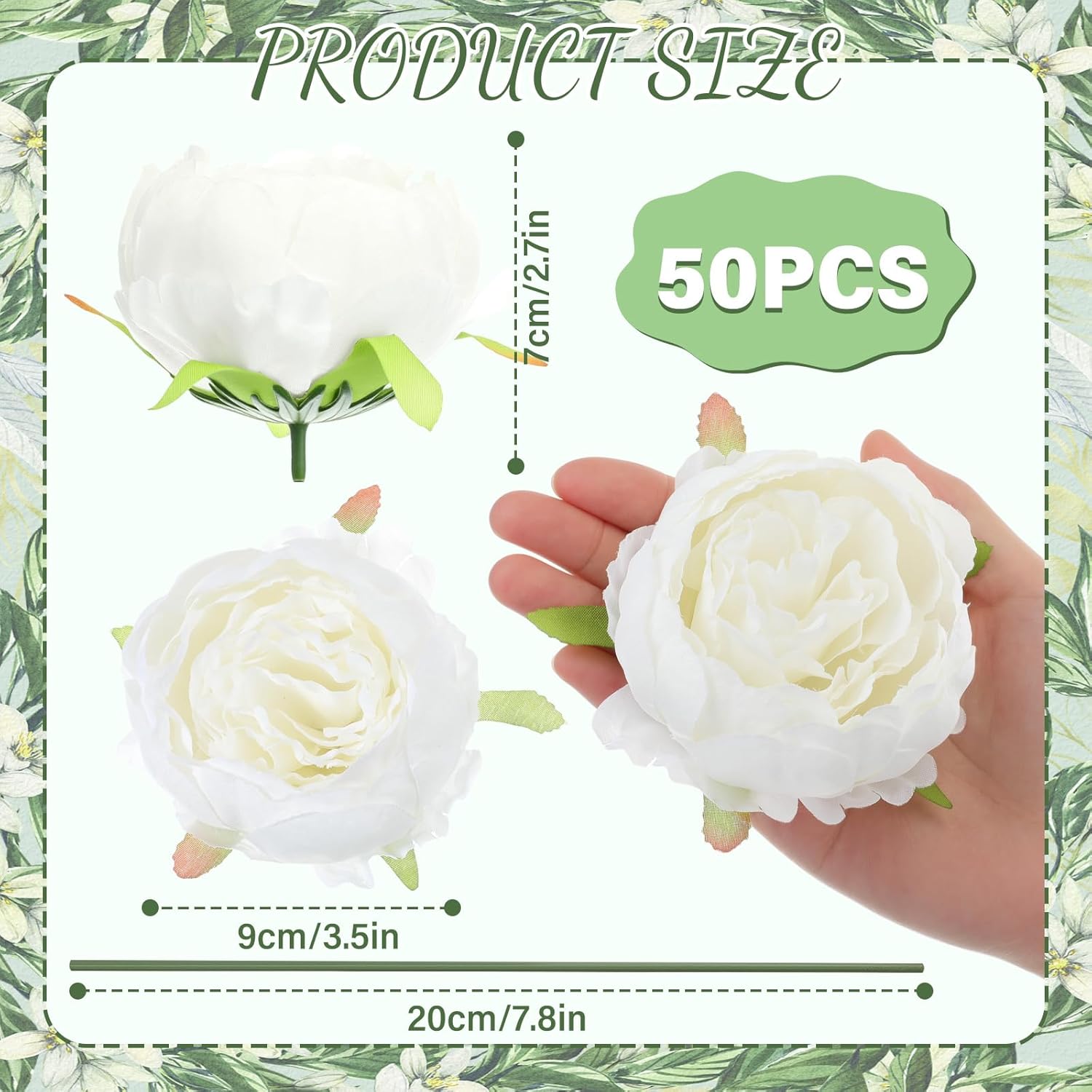 50 Pcs Artificial Peony Flower Bulk 3.5 Inch Silk Peony Flowers Heads with Stems Realistic Fake Roses for DIY Wedding Craft Bridal Bouquets Table Centerpieces Vase Home Decor (White)