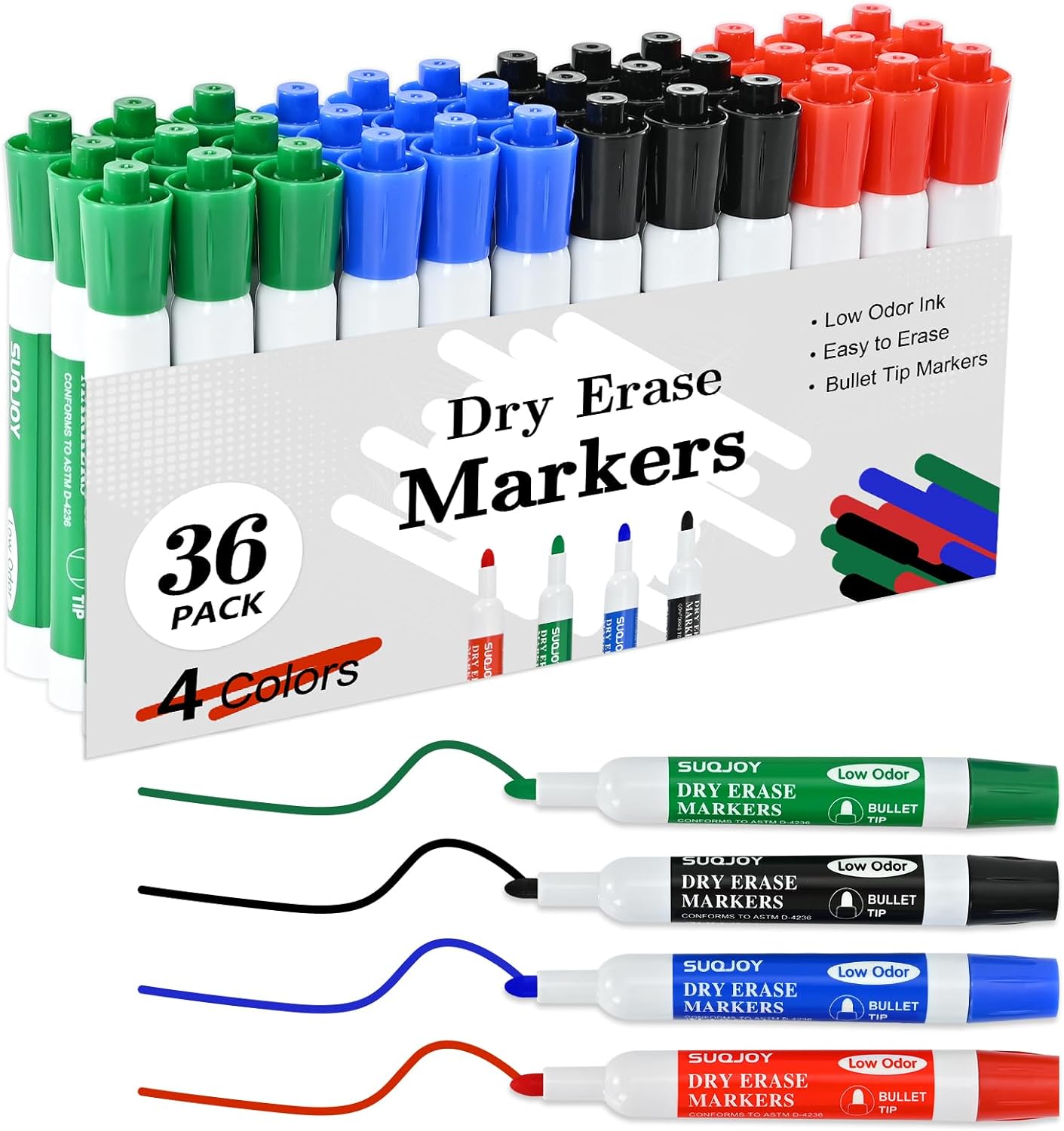 SUQJOY Dry Erase Markers, BulletTip Whiteboard Markers, Low Odor Thick Dry Markers, 36 Bulk 4 Assorted Color Marker for Whiteboard, Classroom, Office & Home
