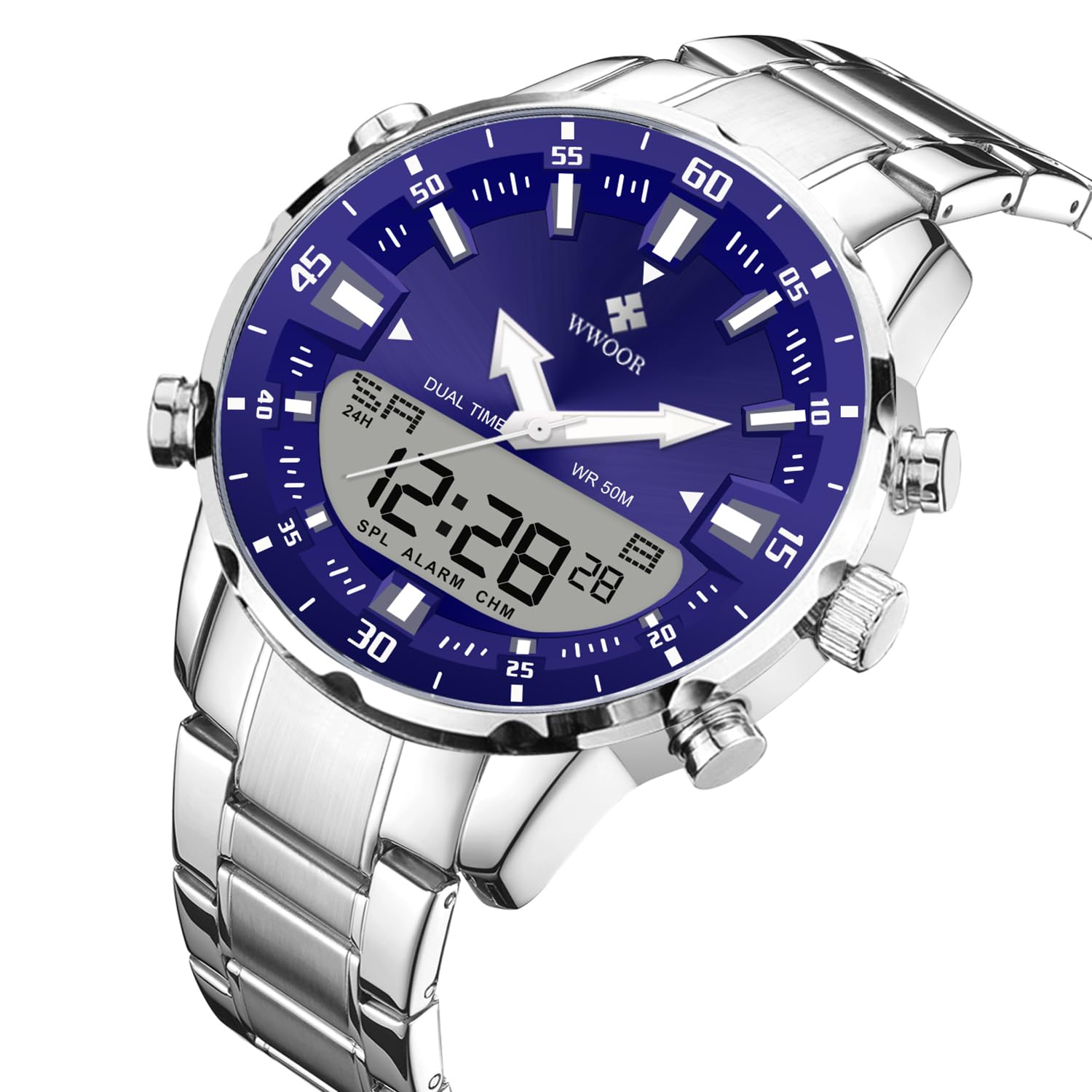 Gosasa Montre analogique à quartz pour homme - En acier inoxydable - Style sportif - Style décontracté - Style militaire - Étanche - LED