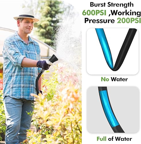 Miniatura 4 de SPECILITE Manguera de jardín de 58 pulgadas de 50 pies con boquilla de alto flujo, manguera de agua de goma híbrida flexible y resistente para