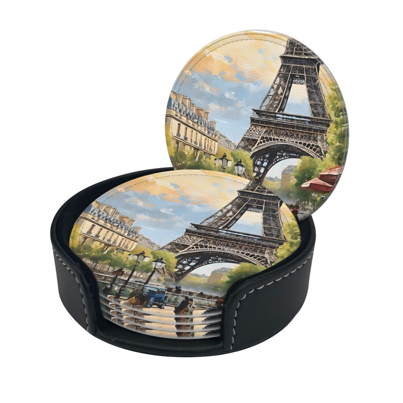Romantic Paris Eiffel Tower Print Coaster,Round Leather Coasters with Storage Box for Wine Mugs,Cold Drinks and Cups Tabletop Protection (6 Piece)