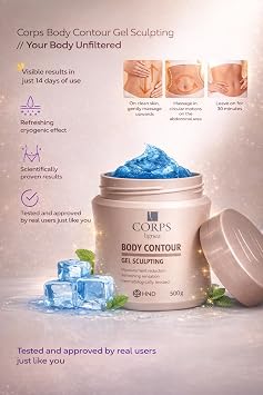 Excelente reductor y anticelulitis Body Contour Gel Moldeador CORPS, para piernas abdomen brazos gluteos y espalda. Formula tonificante e hidratante que adelgaza reafirma quema grasa. Gel crioactivo.