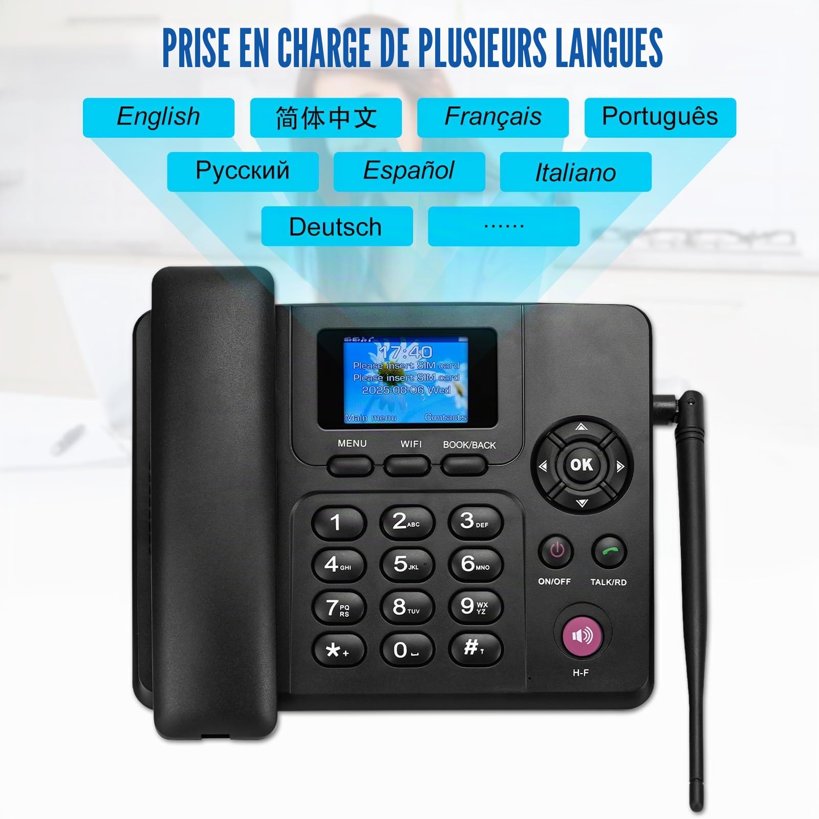 Lychee Téléphone fixe sans fil 2,3,4G – Double SIM, WIFI – Multi-langue, grand écran rétroéclairé couleur – Antenne détachable – Téléphone de bureau pour bureau/hôtel/résidentiel