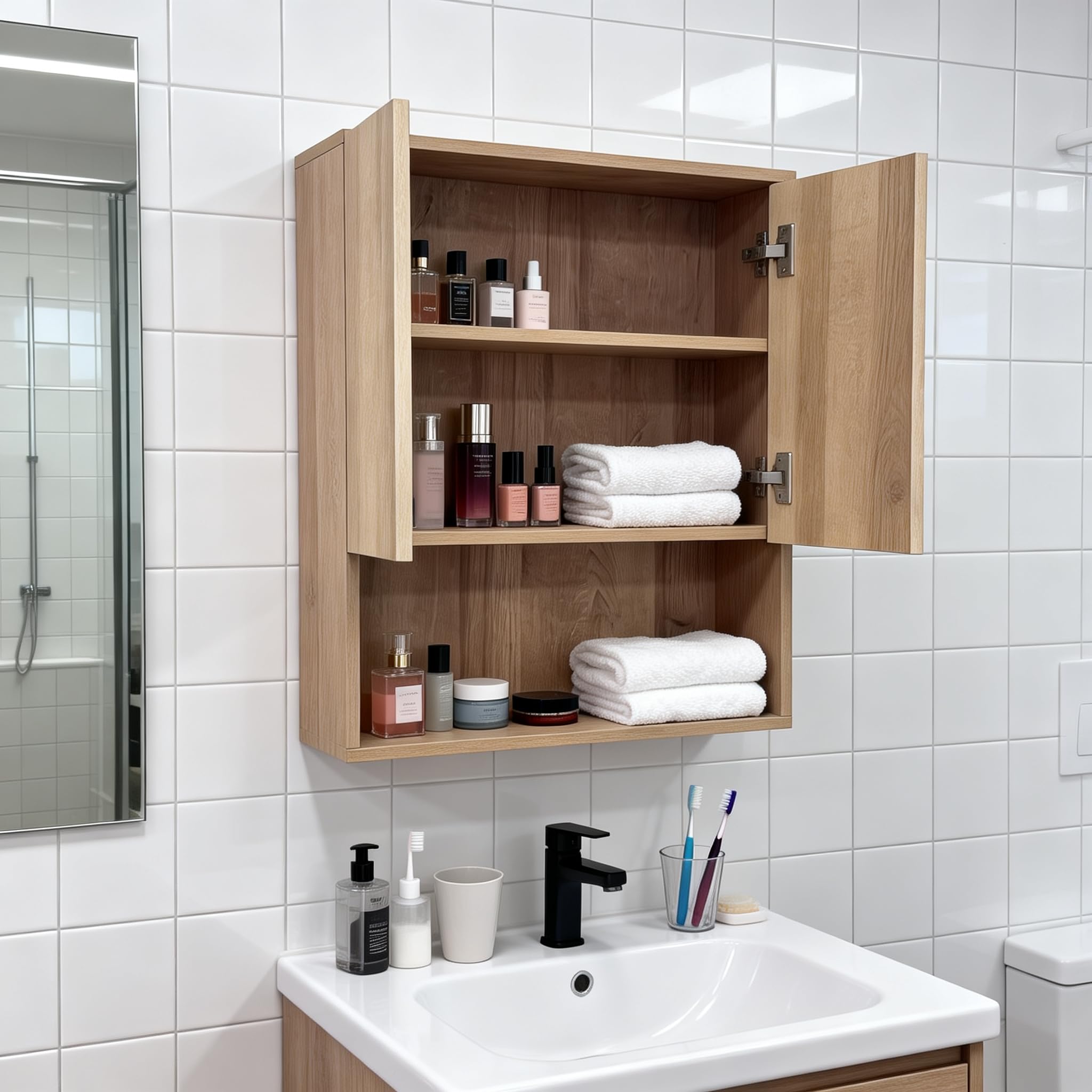 Armoire Murale de Salle de Bain en Bois à 3 Étagère, 60x22.5x73cm, Chêne