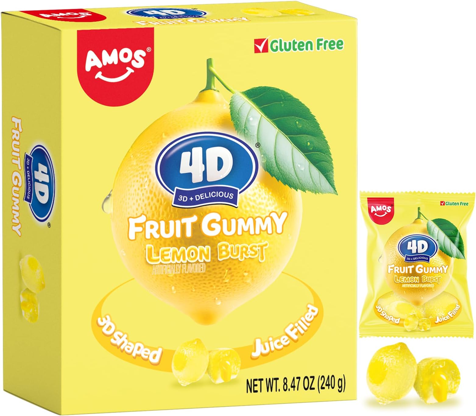 AMOS 4D Fruit Gummy Candy – Lemon Burst Flavor, 8.47oz Bag – 3D Shaped, Juice-Filled Gummies – Fun & Delicious Snack, Gluten-Free, Kid & Family Favorite
