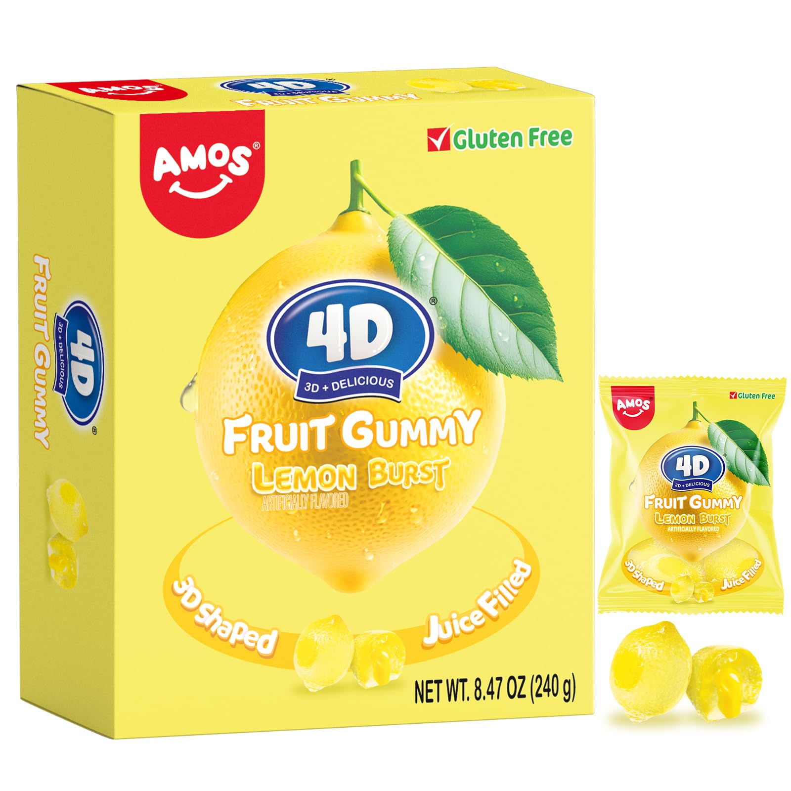 AMOS 4D Fruit Gummy Candy – Lemon Burst Flavor, 8.47oz Bag – 3D Shaped, Juice-Filled Gummies – Fun & Delicious Snack, Gluten-Free, Kid & Family Favorite