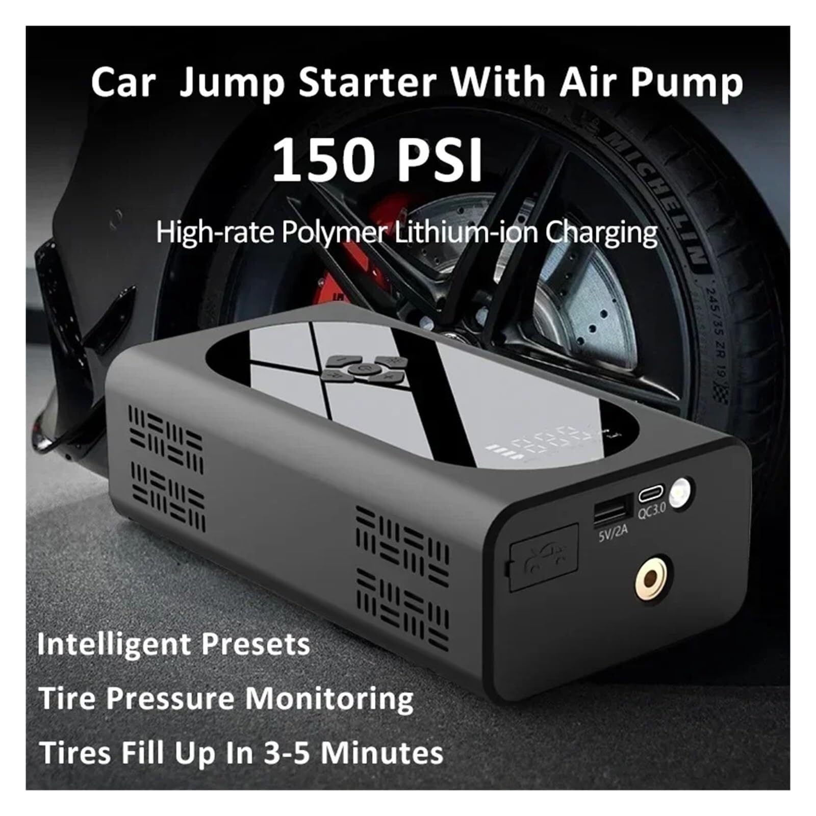 Démarreur de Secours avec compresseur d'air Portable 3000A pour Batterie de Voiture, avec Affichage LED 0110