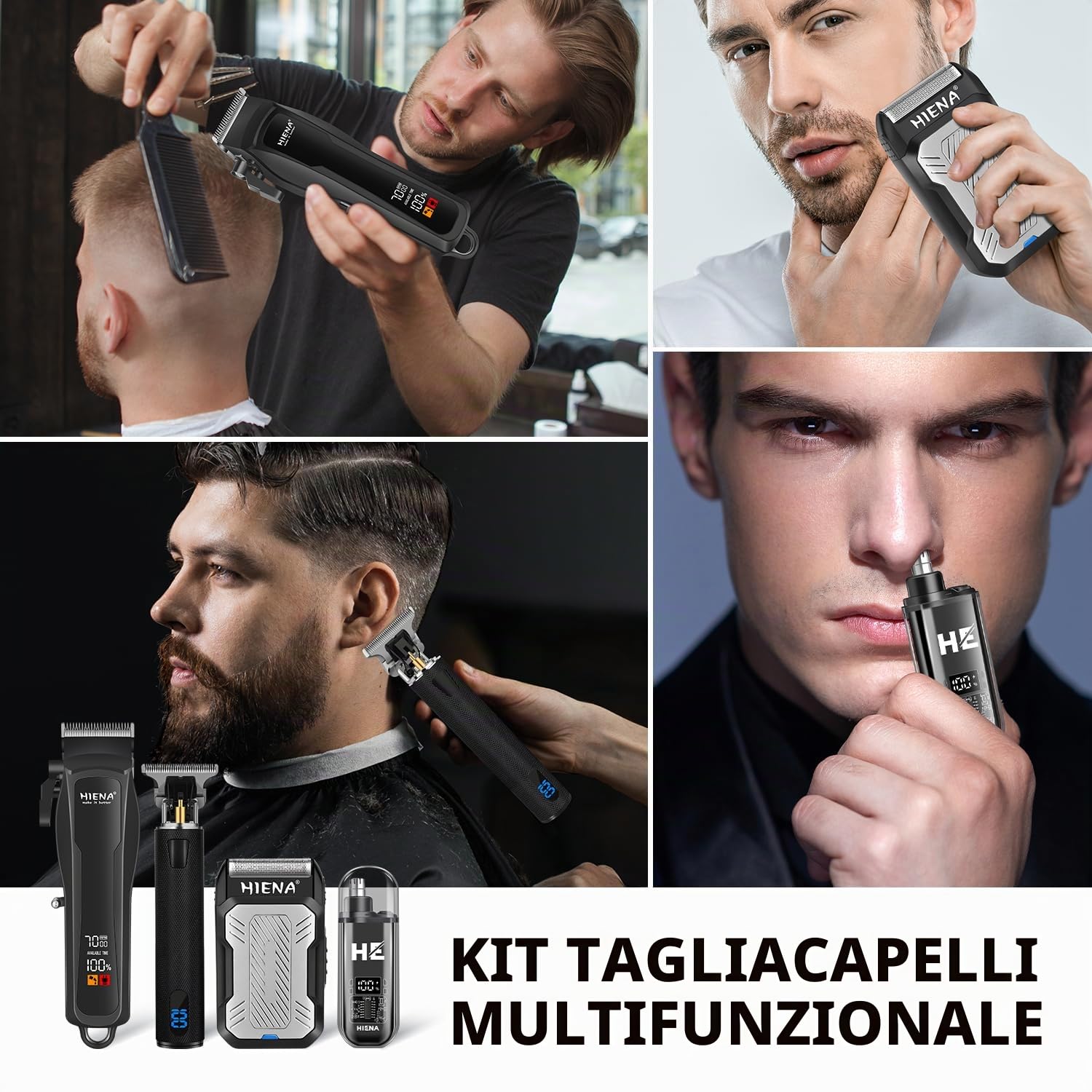 HIENA PRO Tagliacapelli Uomo Professionale, Macchinetta per Capelli Senza Fili, Regolabarba, Rasoio a Lamina, Tagliapeli Naso, Kit Completo per Rasatura e Taglio di Capelli Elettrico