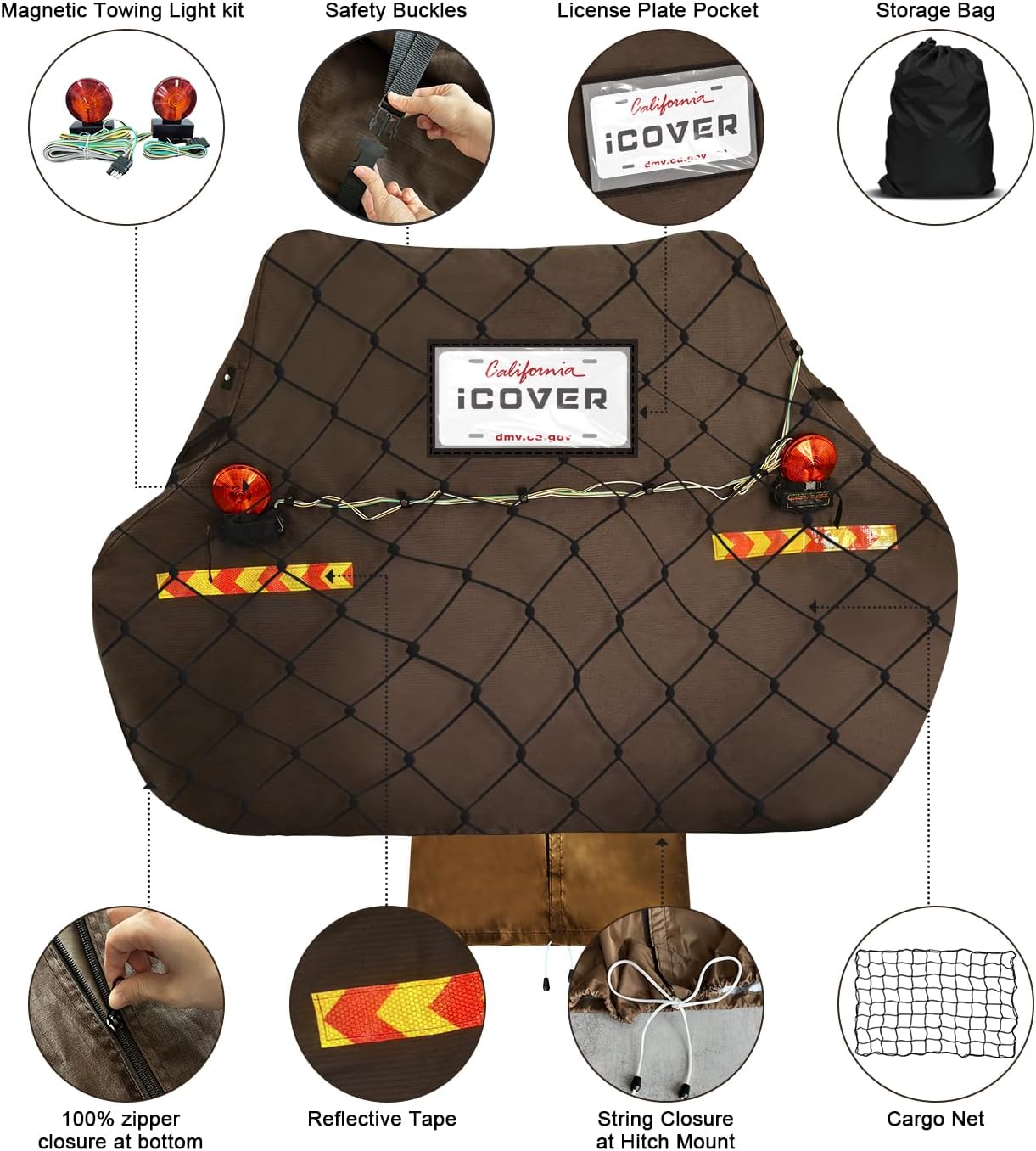 iCOVER Bike Cover for Transport with Magnetic Towing Light& License Plate Pocket- 800D Heavy Duty Waterproof Ripstop Bicycle Covers with Bungee Cargo Net for 3-4 Bikes on Rack