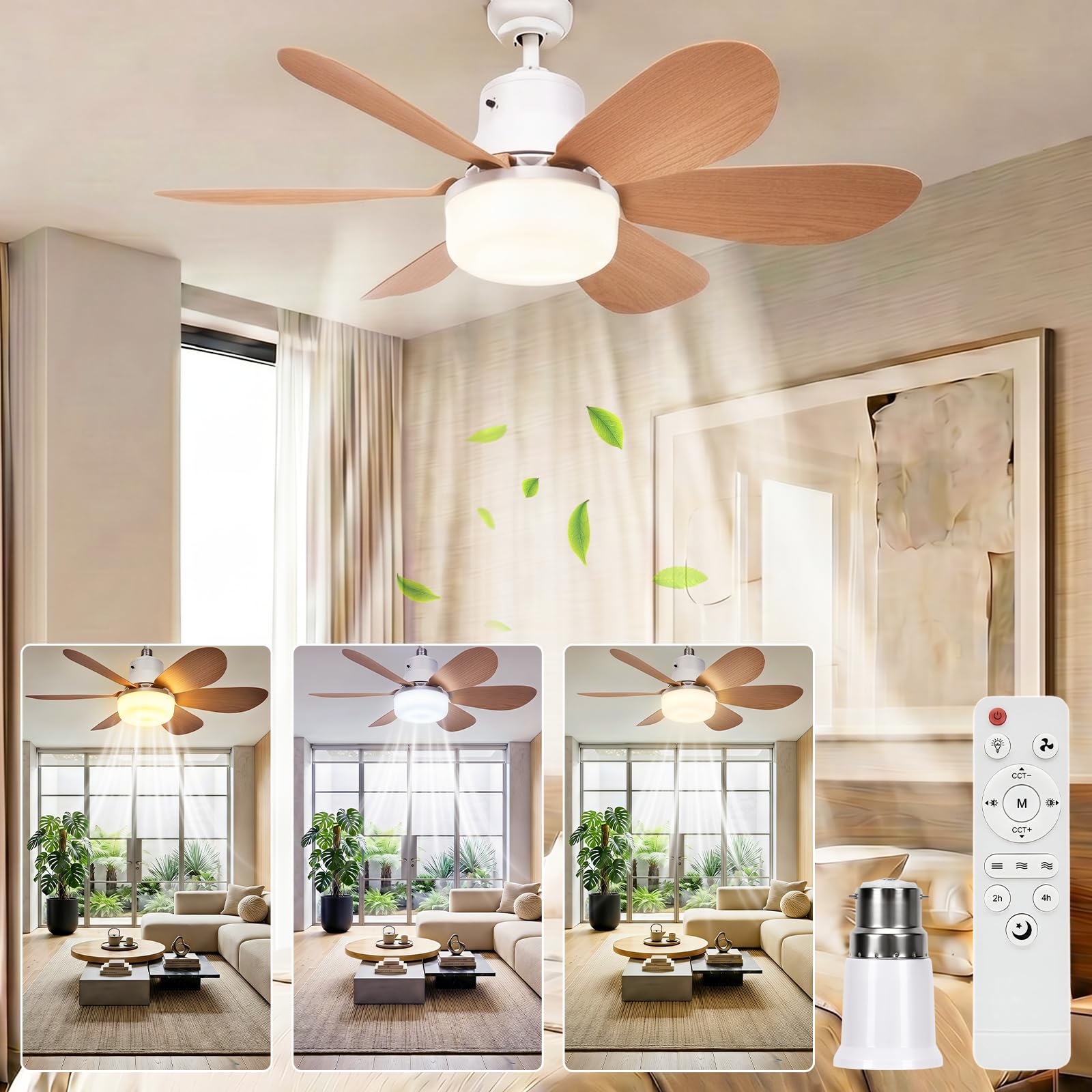 VIMAZ 52cm Ceiling Fans with Lights and Remote,LED Ceiling Fan Light with 5 Blades,3 Speeds,3 Dimmable Colors 3000K-6500K,Timer,E27 Fan Lights Ceiling for Bedroom with E27 to B22 Adapter
