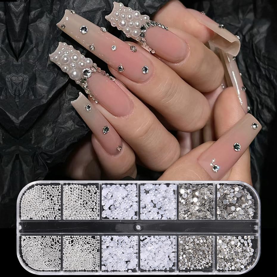 Pearl 3D Nail Charms Rhinestone Silver Beads Multi Design 2Boxes,White Semicircle Pearls Jewelry Silvery Steel Ball Mixed Sizes Nails Decoration,Flatback Diamond Gems Women DIY Nail Ornament