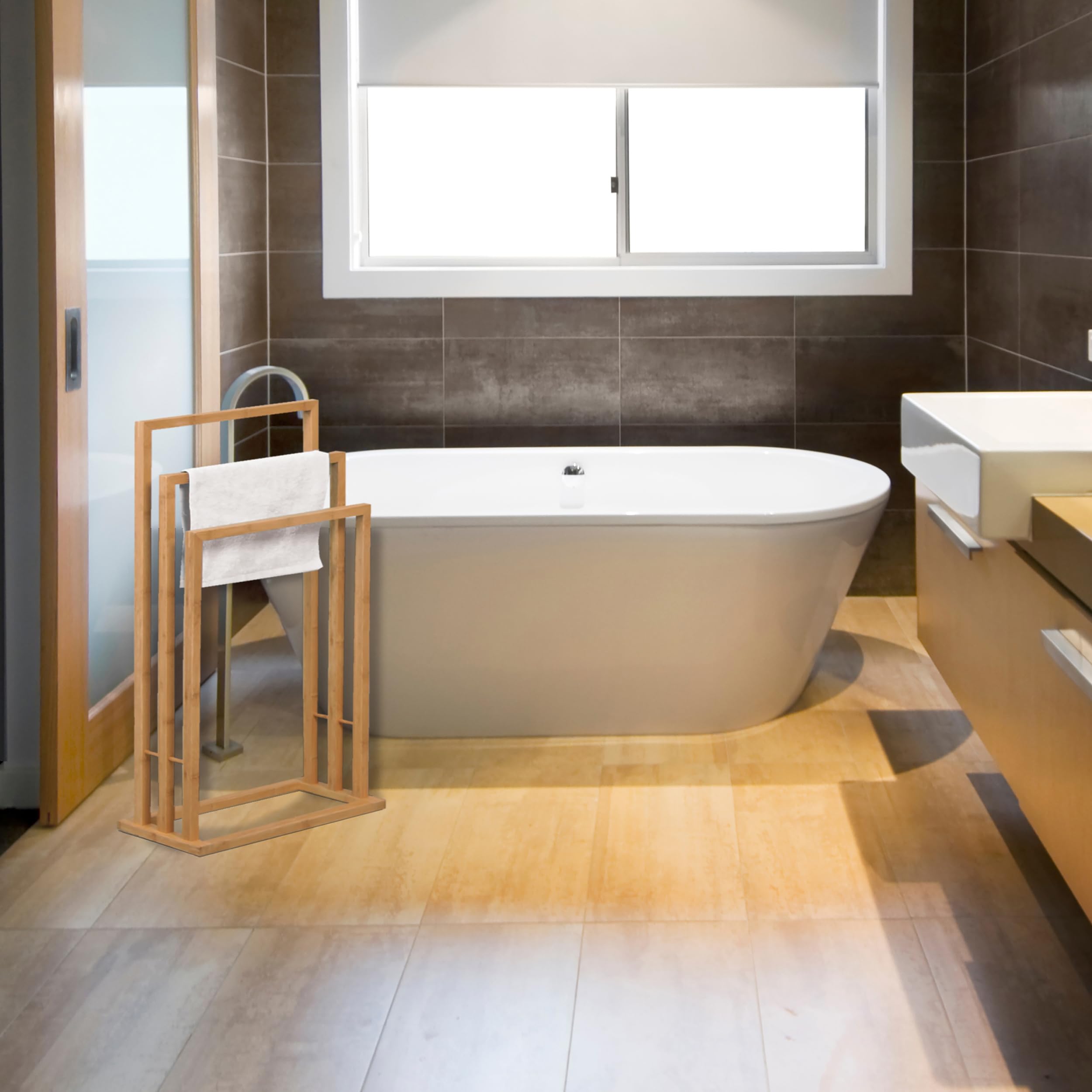 MSV MS545 - Toallero de bambú con 3 Barras, 42 x 24 x 82 cm, Color Beige