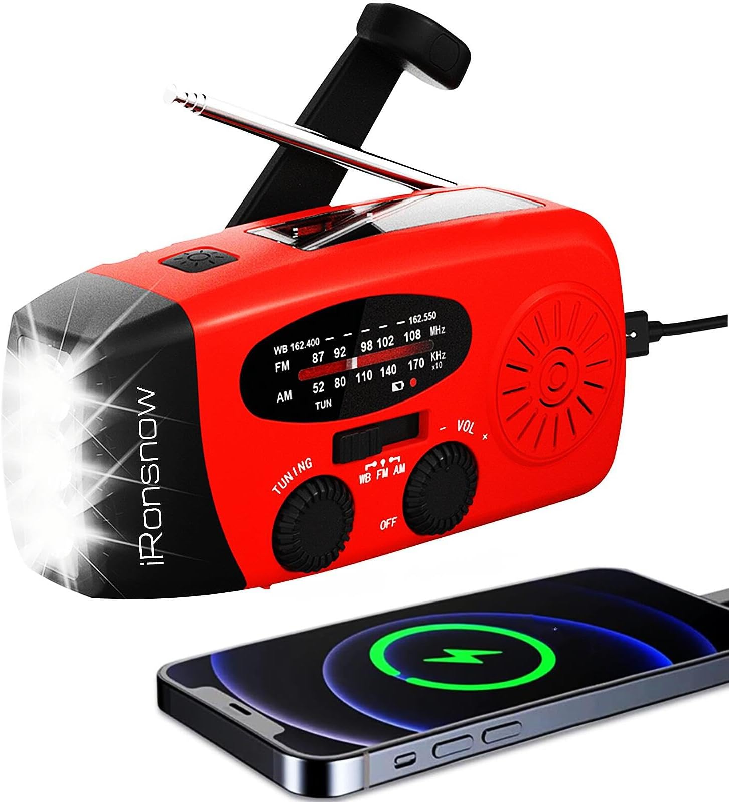iRonsnow IS-088 Dynamo Emergency Solar Hand Crank Self Powered AM/FM/NOAA Weather Radio, LED Flashlight, Smart Phone Charger Power Bank with Cables(Red)