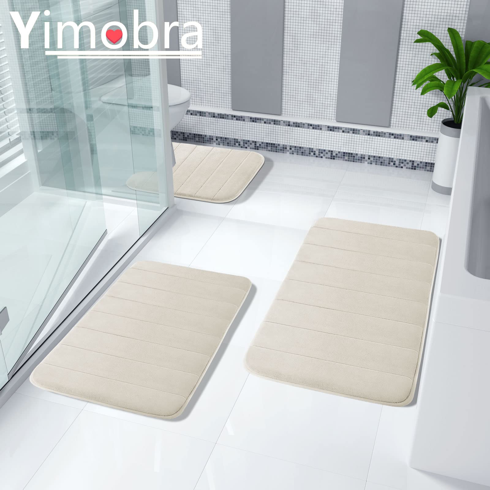 Yimobra 3 Pieces Memory Foam Bath Mat Sets, 31.5 x 19.8 + 17x24 and U-Shaped for Bathroom Rugs, Toilet Mats, Non-Slip, Soft Comfortable, Water Absorption, Machine Washable, Cream White