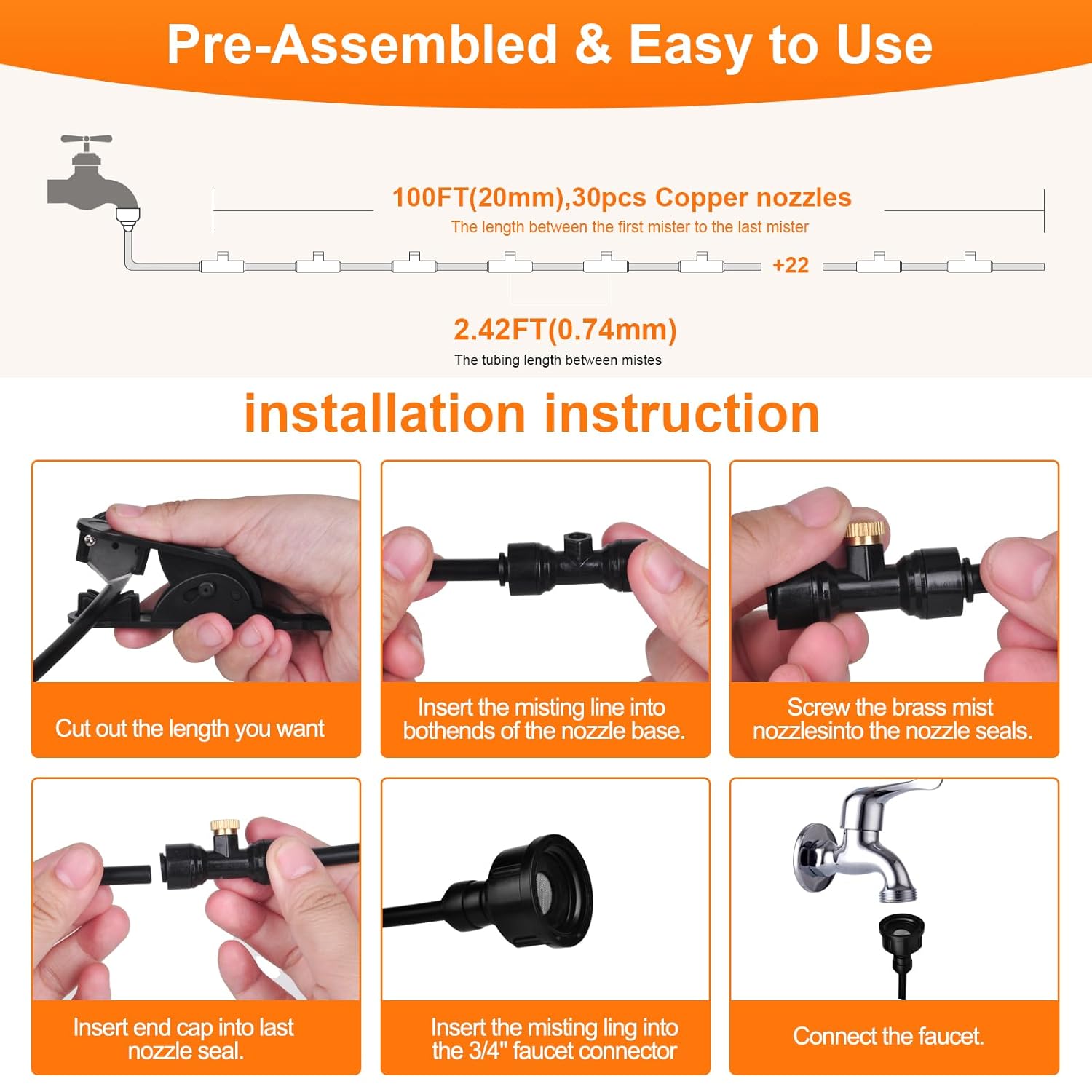 Misters System, 100FT DIY Outdoor Misting Cooling System Comprise +2 PE Adapters3/4+30 Brass Mist Nozzles+2 Tee Adapters+2 90 Degree Elbows, for Garden, Outside Patio Pasture and waterpark