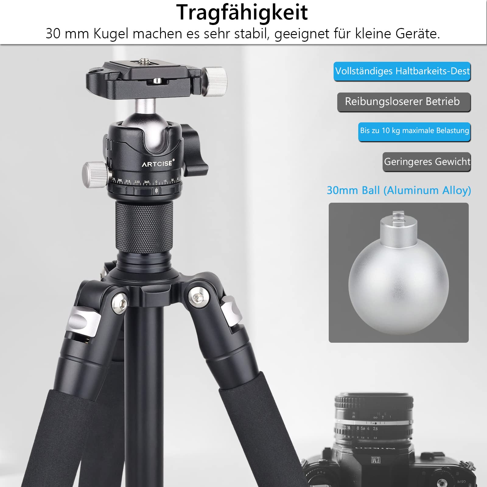 Stativkopf mit niedrigem Profil, ARTCISE EB30S 30MM Kugeldurchmesser mini Ganzmetall-Kugelkopf & 1/4 "Schnellwechselplatten & 3 Stück 1/4" auf 3/8" Umwandlungsschraube für Kamera, DSLR.