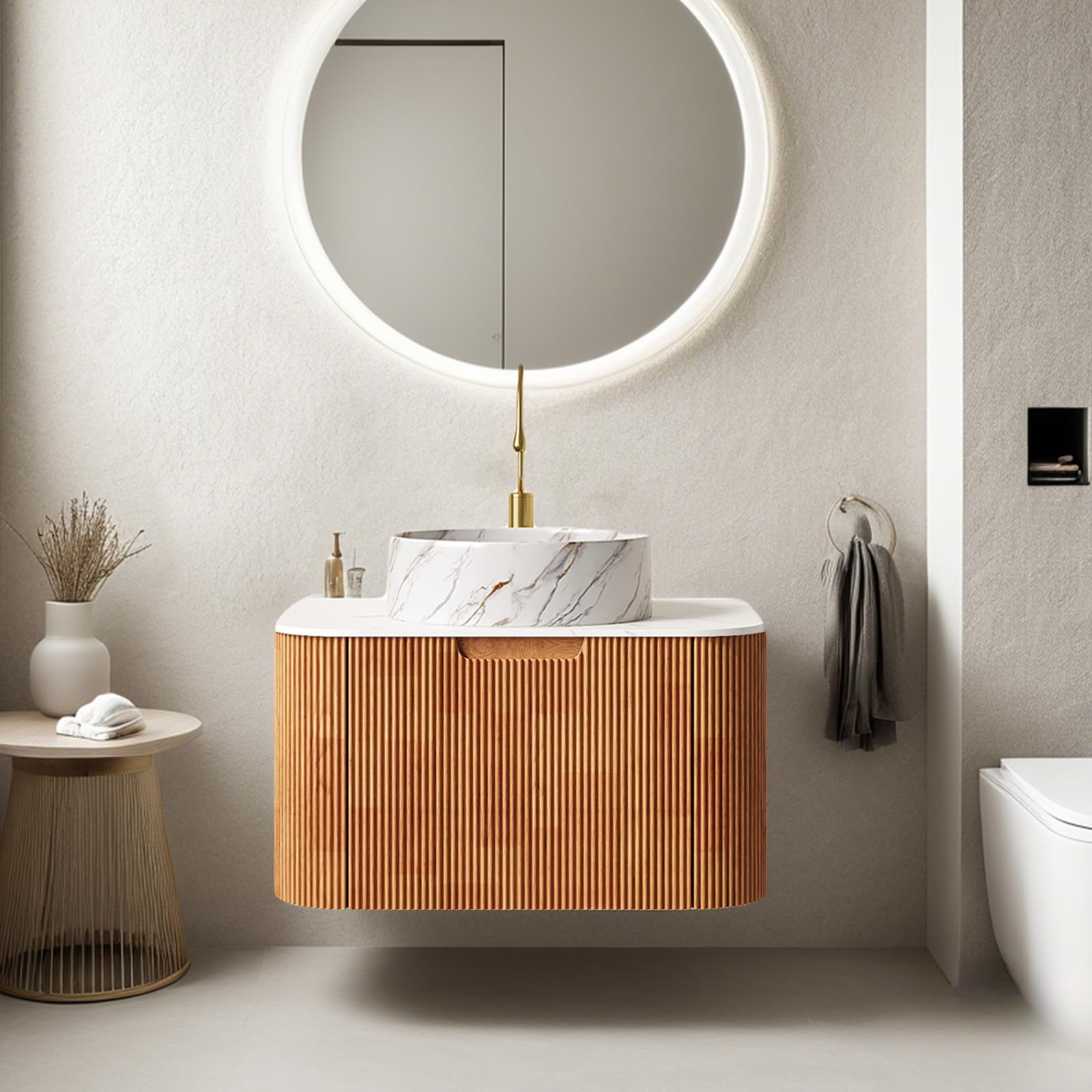 24" Modern Bathroom Vanity with Sink, Floating Bathroom Cabinet with Ultra-Thin Marble Ceramic Basin and Top, Extra Large Storage Drawer, Soft-Close Design, Nature Wood