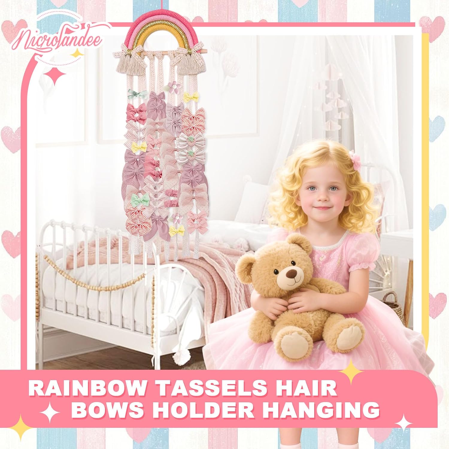 NICROLANDEE Rainbow Tassels Hair Bows Holder Hanging - Baby Hair Accessories Storage Bow Organizer Wall Hanger Decor for Baby Girls Wall Hanging Decor for Girls Room Ornament (Pink Yellow)
