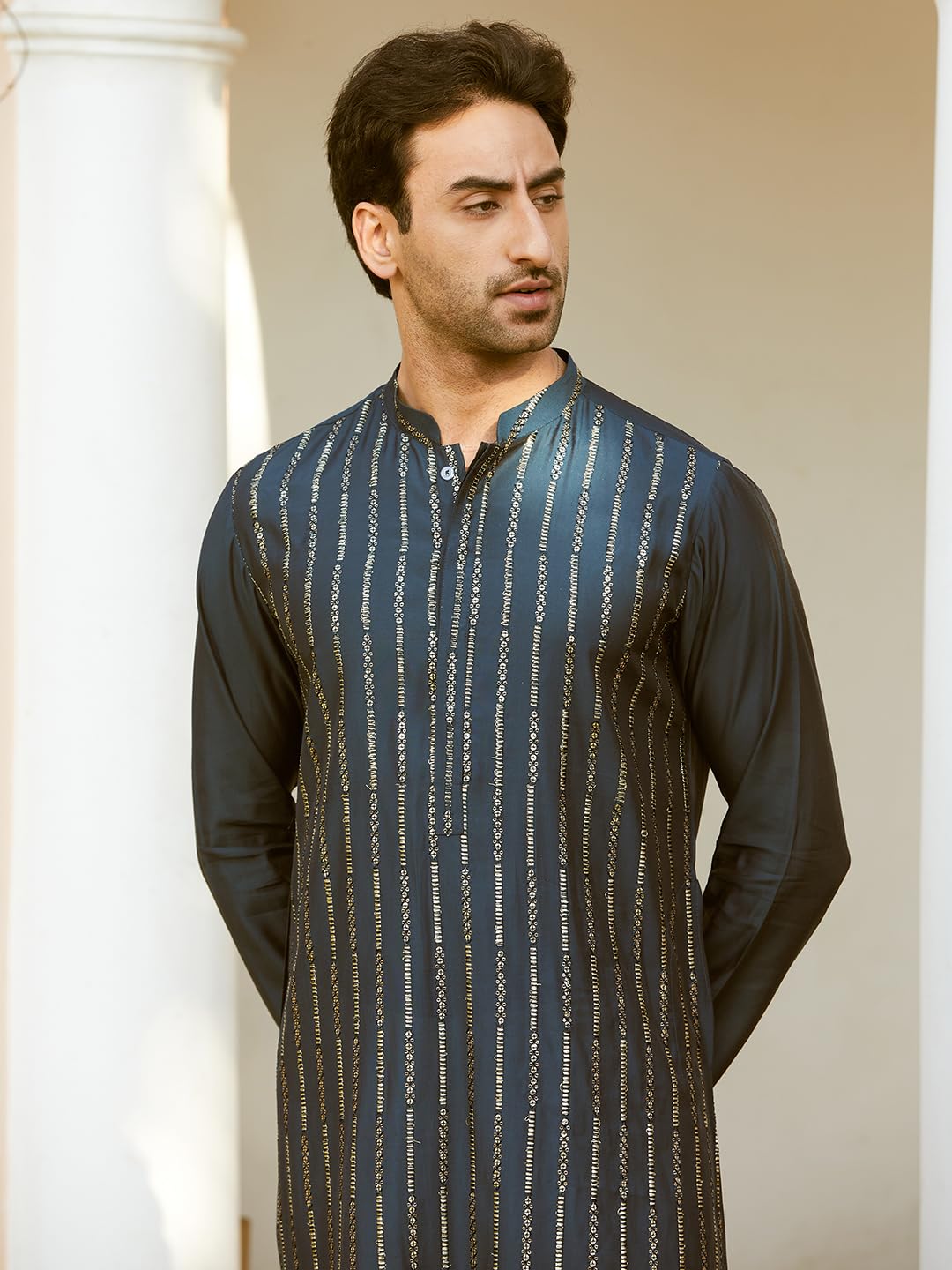 See Designs Men Full Sleeve Teal And Gold Chanderi Silk Sequins Mandarin Collar Side Slit Kurta - Sdkt2424Xl