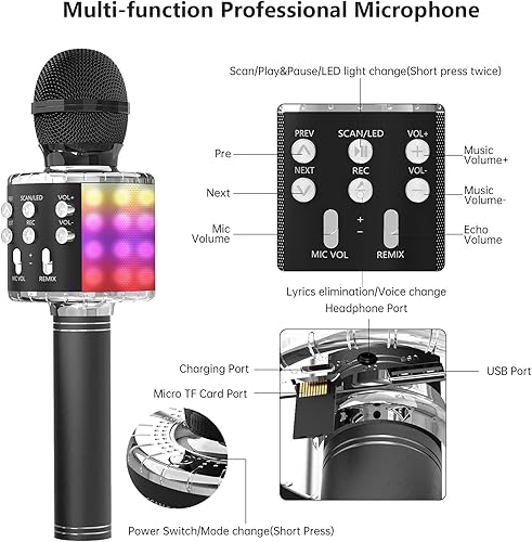 Miniatura 6 de OVELLIC - Micrófono de mano inalámbrico con Bluetooth y luces LED, portátil con altavoz para karaoke regalo para niñas, niños y adultos de todas las
