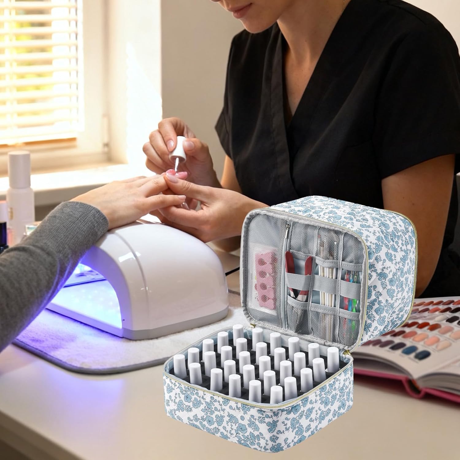 Upgraded Nail Polish Organizer Case - Holds 30 Bottles and 1 Nail Light, Double-layer Nail bag Organzier Case Nail Polish Storage Bag with Handles (Blue-Flower)