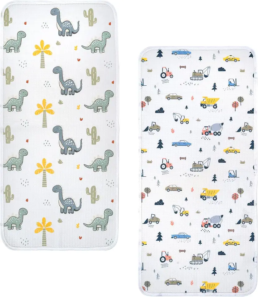 haakaa Waterproof Changing Pad Liners, 100% Cotton, Soft & Breathable (2pcs, 13" x 27.5" Construction Crew+Dino Land)