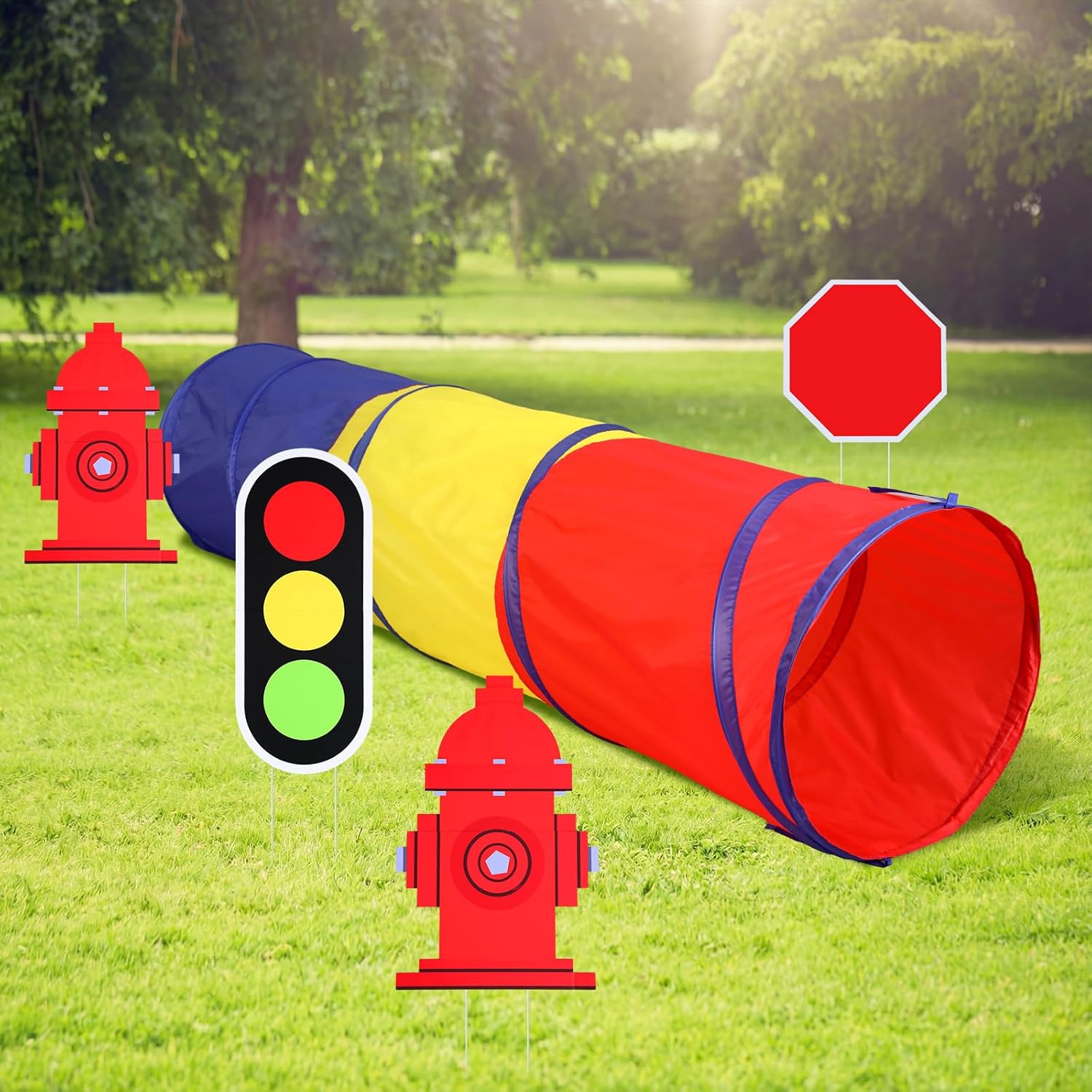 5 Pcs Firefighter Birthday Party Decorations Including Play Crawl Tunnel Tent Fire Hydrant Traffic Light Stick for Fireman Fire Theme Birthday Party Supplies Indoor Outdoor Activities
