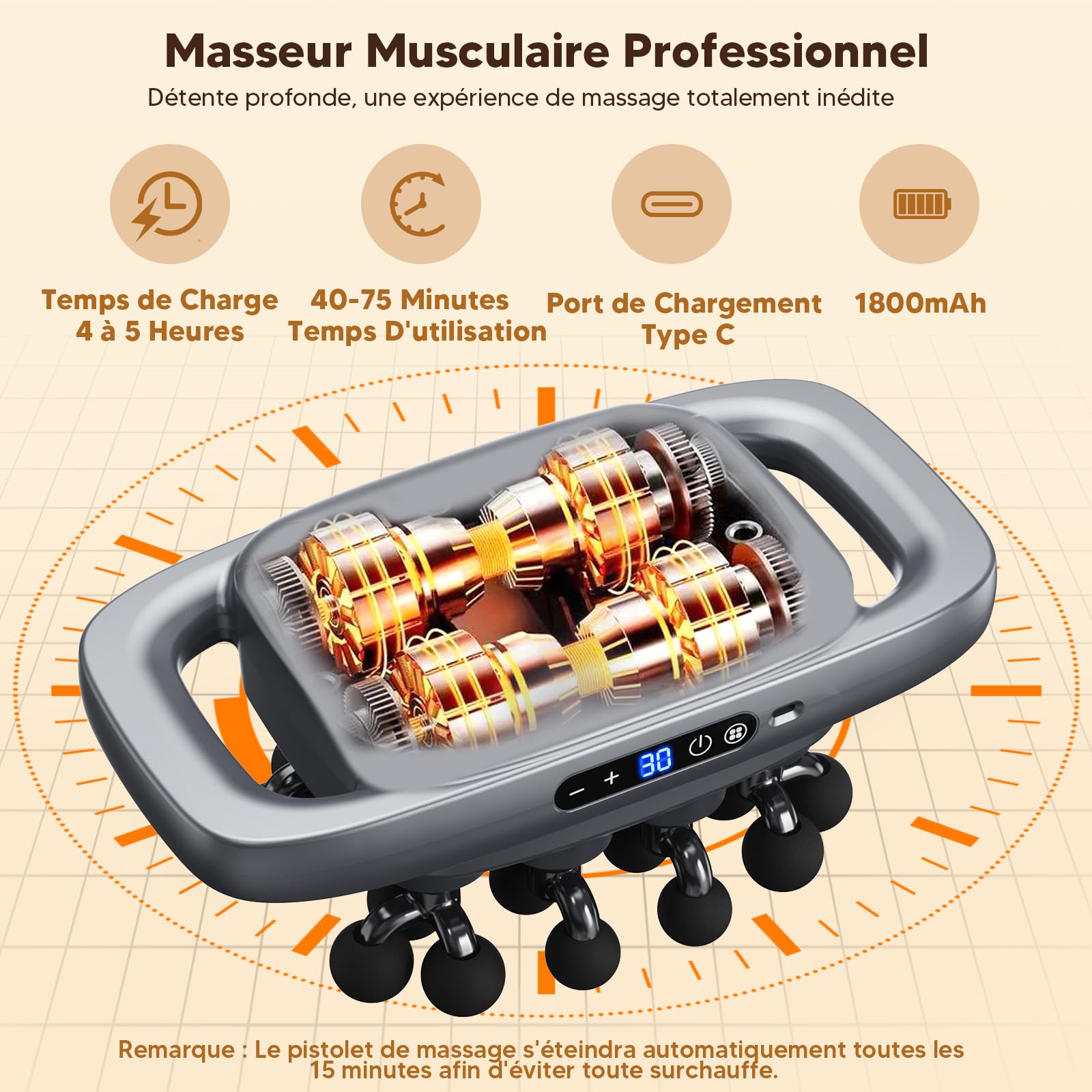 Pistolet de Massage Électrique, 20 Têtes, 30 Niveaux de Vitesse, 4 Modes, pour Jambes, Bras et Taille, Noir