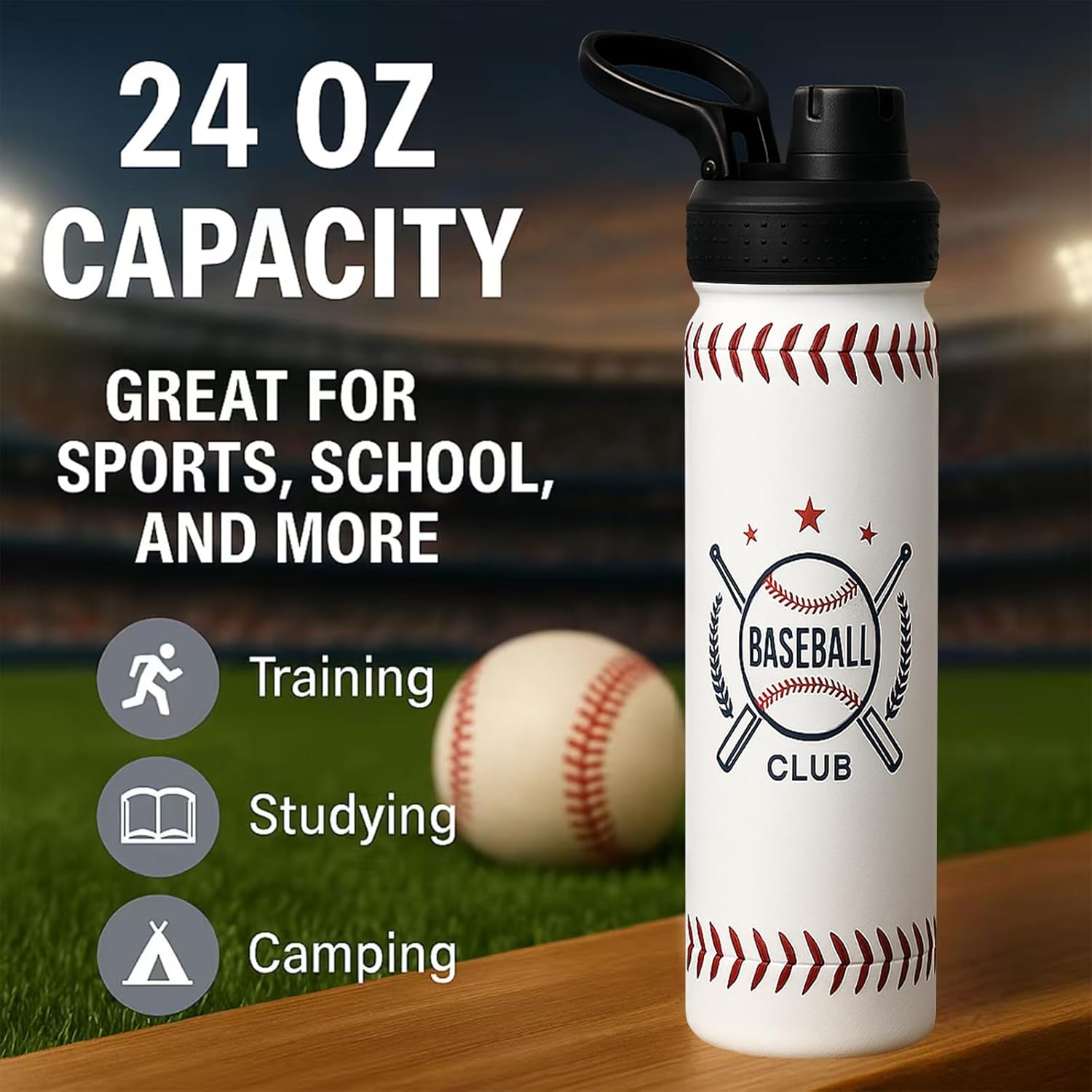 Baseball Water Bottle, 24 oz Insulated Stainless Steel Sports Bottle with Straw, Baseball Stuff Gifts for Boys - Image 7