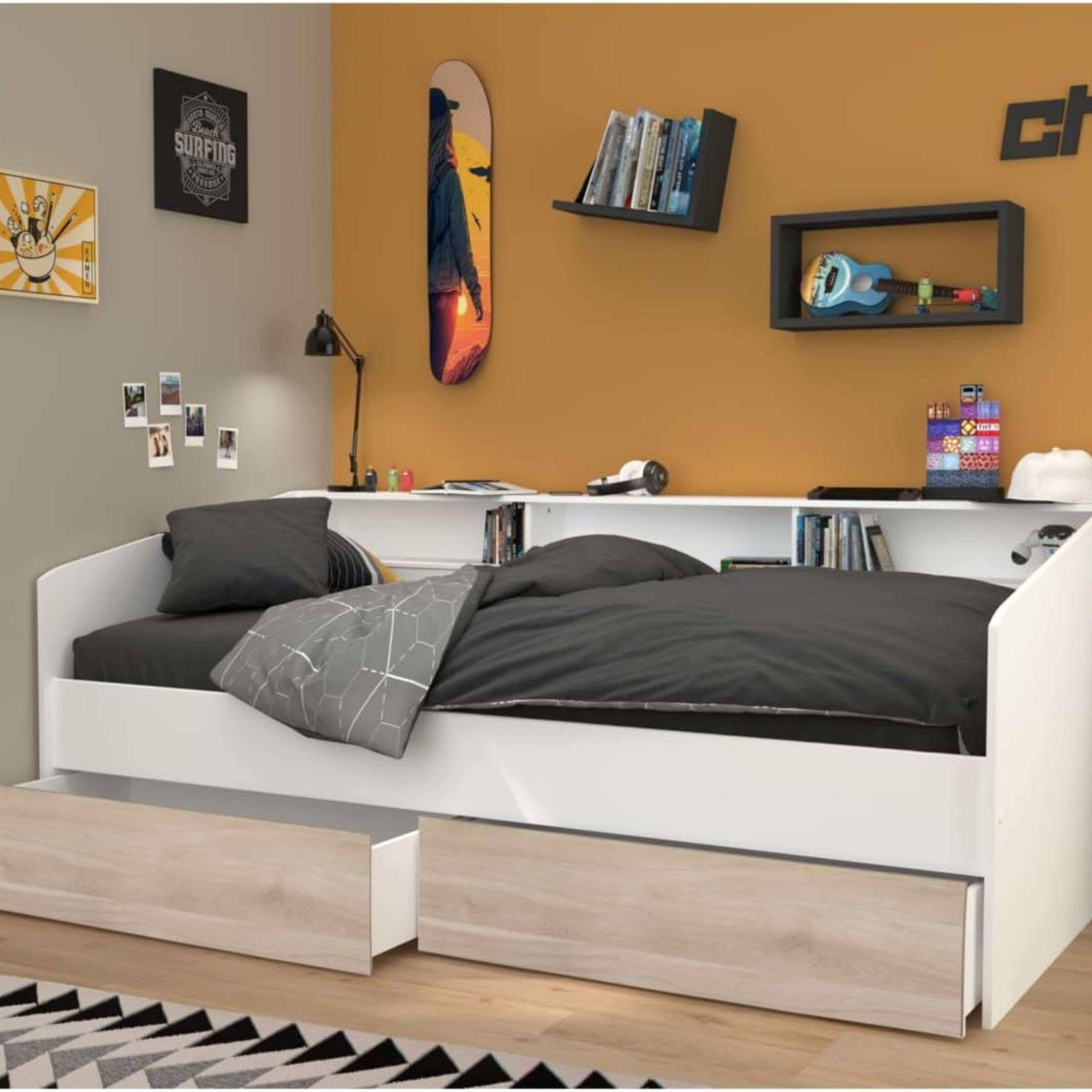 Miroytengo Cama Juvenil Style Color Blanco con cajones Roble Japonés habitacion Infantil Moderna 90x190-200 cm