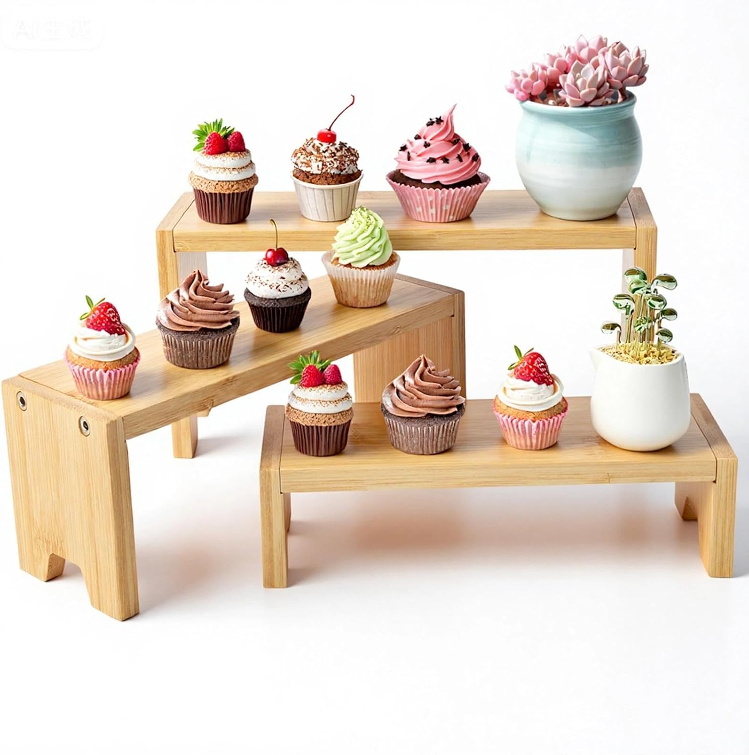 3 Tier Bamboo Display Stand Risers, Natural Bamboo Organizer Stand for Cupcake, Perfume, Cologne, Figurine, Spice, Cosmetic, Suitable for Table Display, Kitchen, Retail, Home Decor