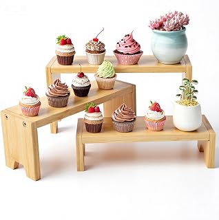 3 Tier Bamboo Display Stand Risers, Natural Bamboo Organizer Stand for Cupcake, Perfume, Cologne, Figurine, Spice, Cosmetic, Suitable for Table Display, Kitchen, Retail, Home Decor