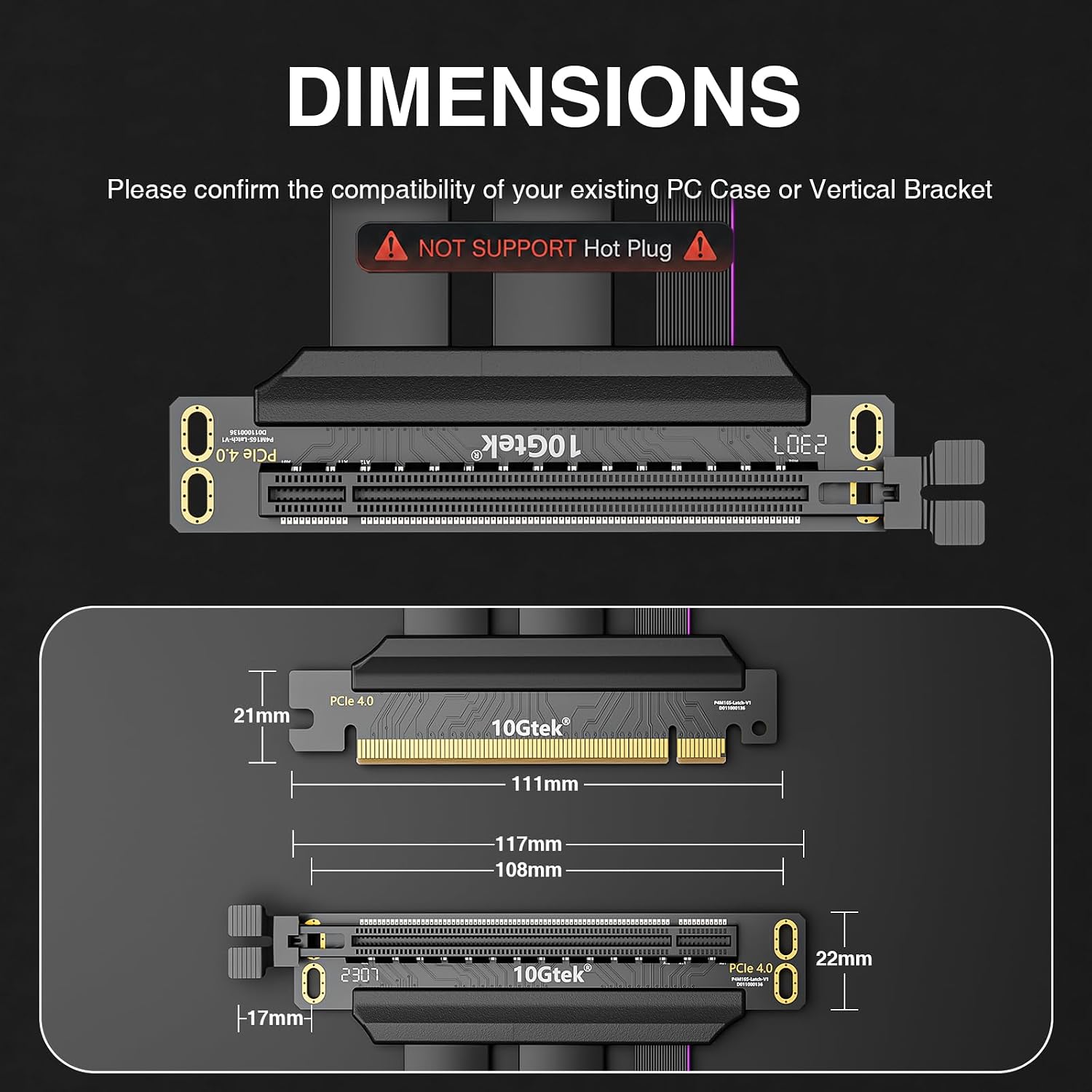 10Gtek PCIe 4.0 x16 Riser Cable, Male 180° to Female 90° for Vertical Mount Graphics Cards, Compatible with RTX4090, RTX4080, RX7900XTX, 15cm/0.49ft