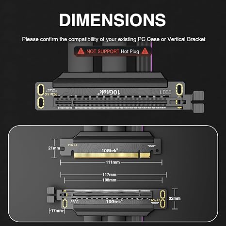كابل رايزر 10Gtek PCIe 4.0 x16، ذكر 180 إلى أنثى 90 لبطاقات الرسومات ذات التركيب الرأسي، متوافق مع RTX4090، RTX4080، RX7900XTX، 20 سم/0.66 قدم