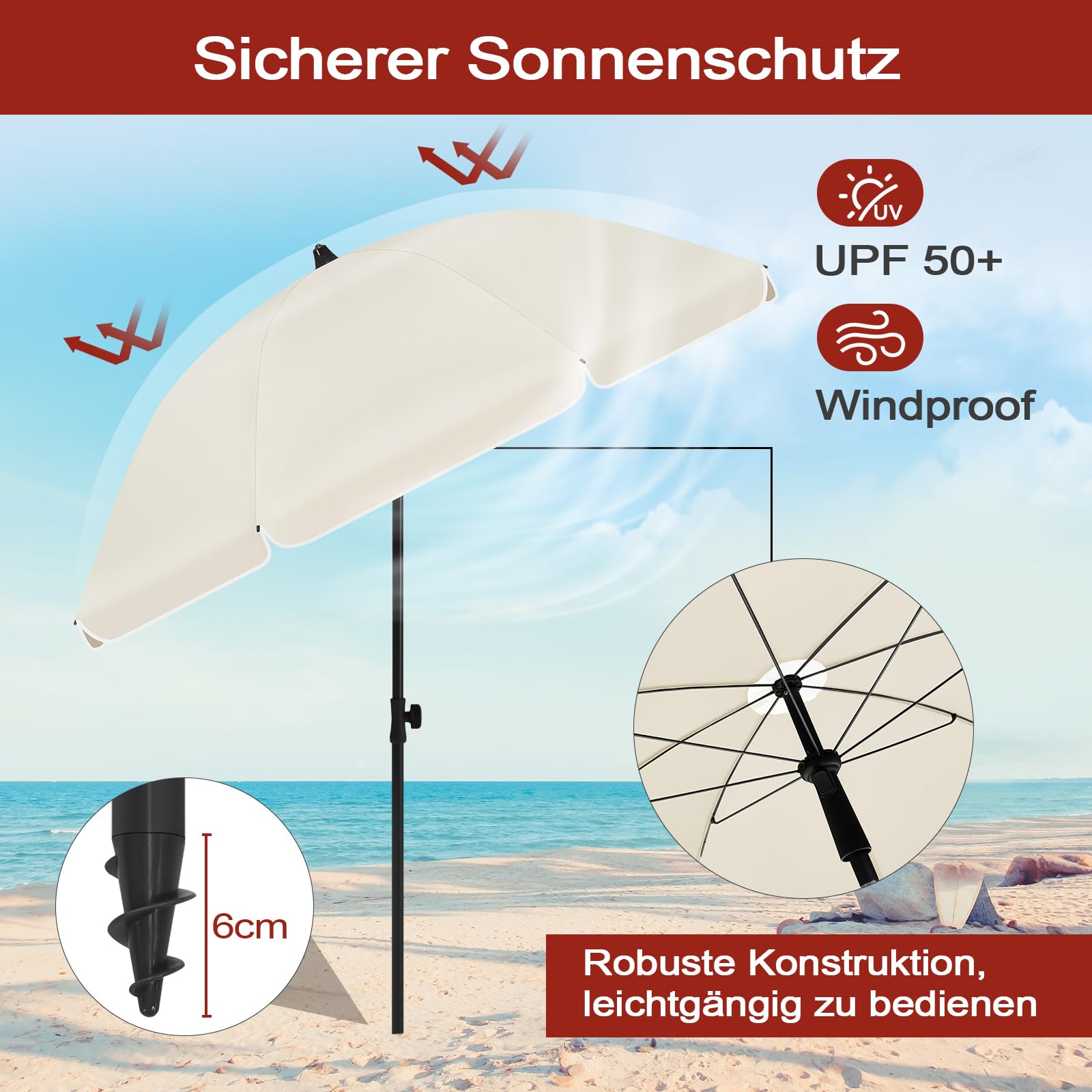 Laneetal Sonnenschirm Strand φ135/155/175 cm, UV-Schutz UPF 50+, höhen- und neigungsverstellbar, tragbar mit Tragetasche, runder Sonnenschirm für Balkon Garten Strand